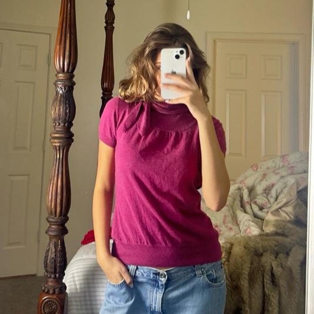 vintage magenta angora cashmere blend bow neck sweater blouse